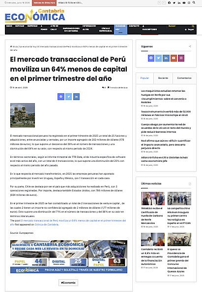 El mercado transaccional de Per moviliza un 64% menos de capital en el primer trimestre del ao